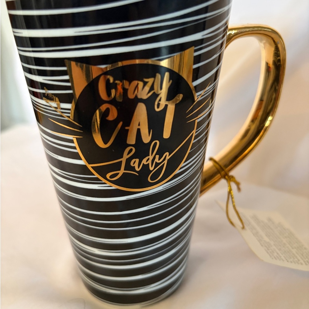 Lady Jayne Crazy Cat Lady Travel Mug ~ Black & White Porcelain ~ NWT
